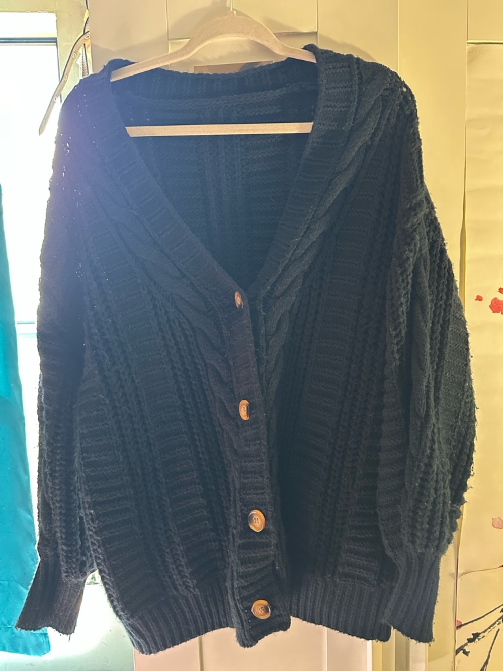 Button-Front Cable Knit Hooded Cardigan Sweater - Black
